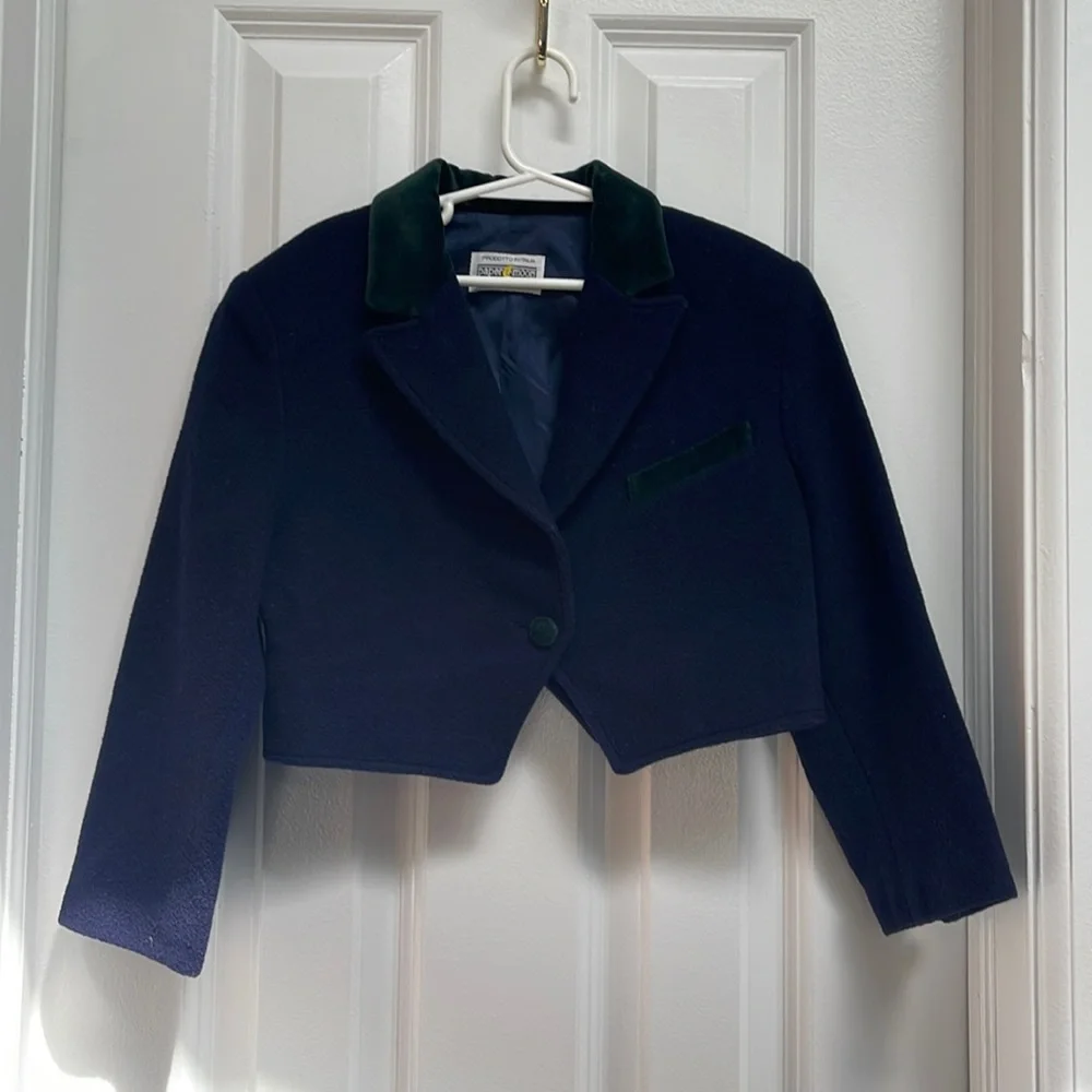 Truly a unique and beautiful jacket. Navy wool blend/hunter green velvet trim - Picture 3 of 10